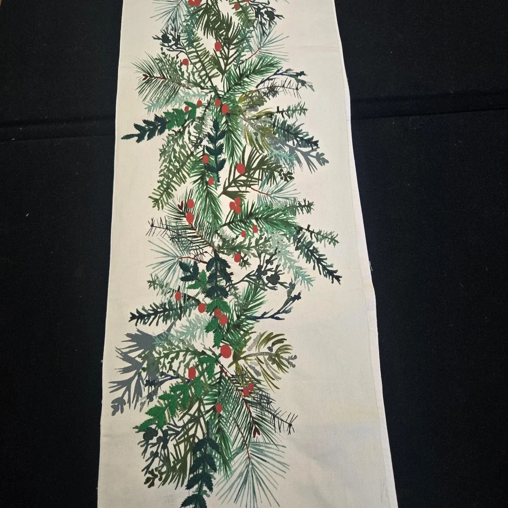 Crate & Barrel Winter Sprig Embroidered Table Runner 14x120in Holiday Christmas